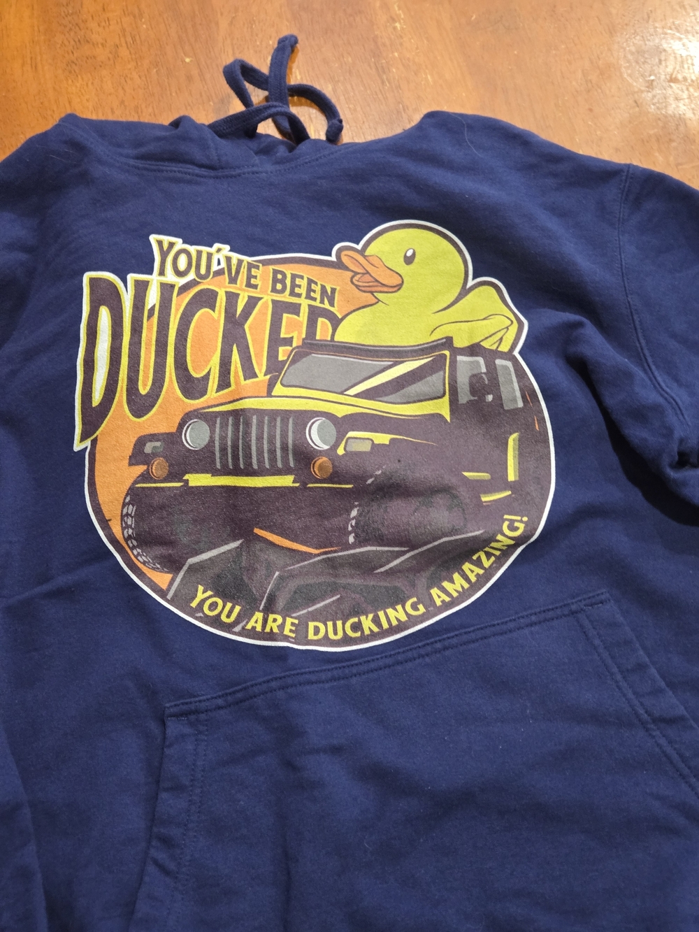 Unisex Navy Graphic Hoodie - 'You've Been Ducked' Duck & Jeep Design